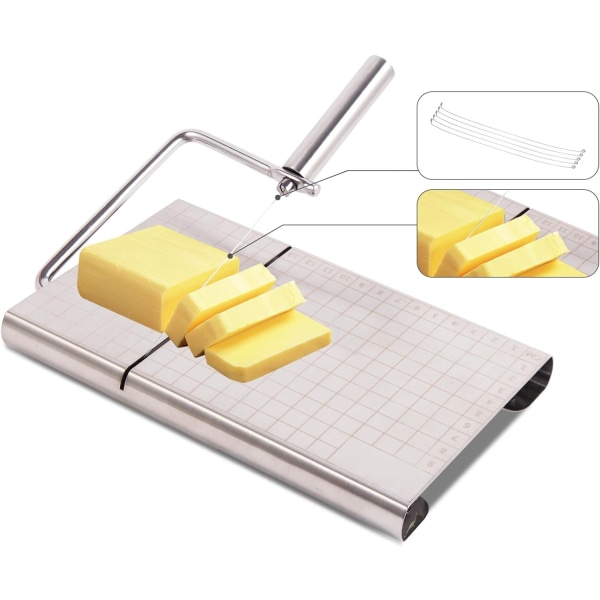 Osteskæremaskine med osteskæremaskine, rustfrit stål osteskærebræt med 5 erstatningstrådostskærere til blok