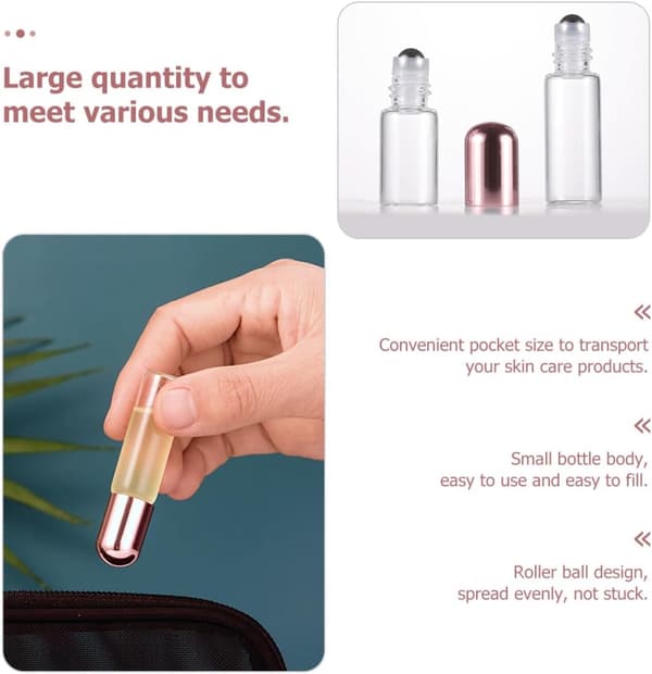 2 ml glasrullflaskor för eteriska oljor 10 st påfyllningsbar parfym med roséguldlock och kulor i rostfritt stål Researomaterapi