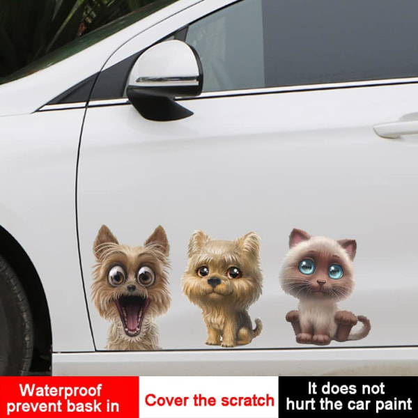 Pakke med 2 simuleringsbil-klistremerker, 3D søte katte-bil-klistremerker + person tegneserie hundebil-klistremerker