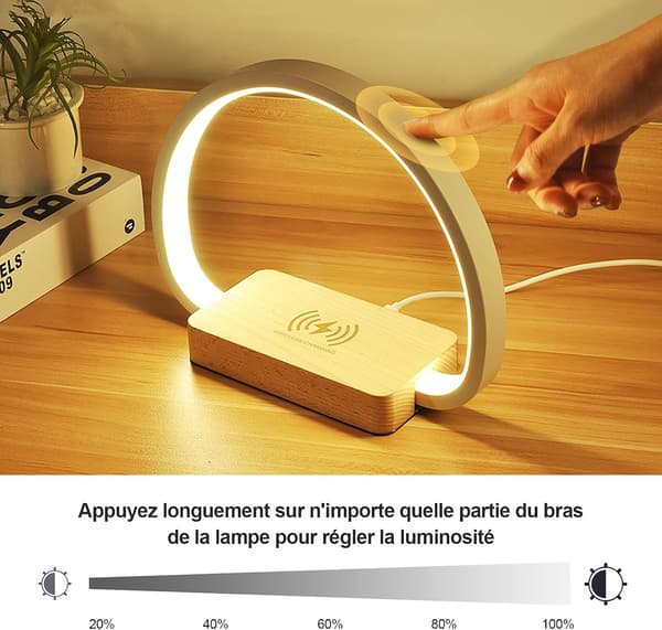 Sengelampe Trådløs Oplader, Touch Bordlampe med USB-port, L