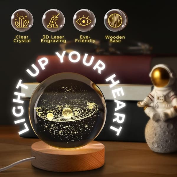 3D Crystal Ball Night Light Solar System - Holographic LED Glass Lamp, USB Powered, Adjustable Brightness, 6 cm