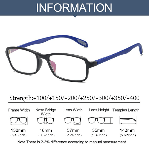Anti-blåt lys læsebriller Firkantede briller BLÅ STYRKE Blu Blu Blue Strength 350