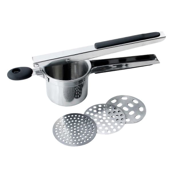 Potetpresse i rustfritt stål med ergonomisk silikonhåndtak og utskiftbare skiver for glatt mos