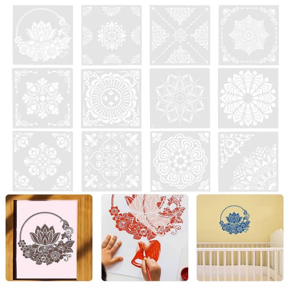 12 st Mandala-mallar för väggmålning, ritningsmallar, vägg- och golvmålning, DIY-mallar