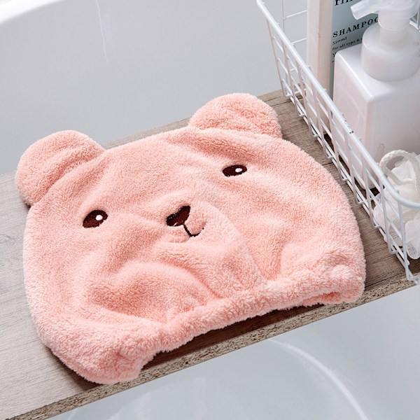 Mjuk Absorberande Hårtorkningsmössa, Söta Cartoonbjörn Super Mjuk Mikrofiber Barn Vuxen Snabbtorkande Handduk Huvudomslag (Rosa)