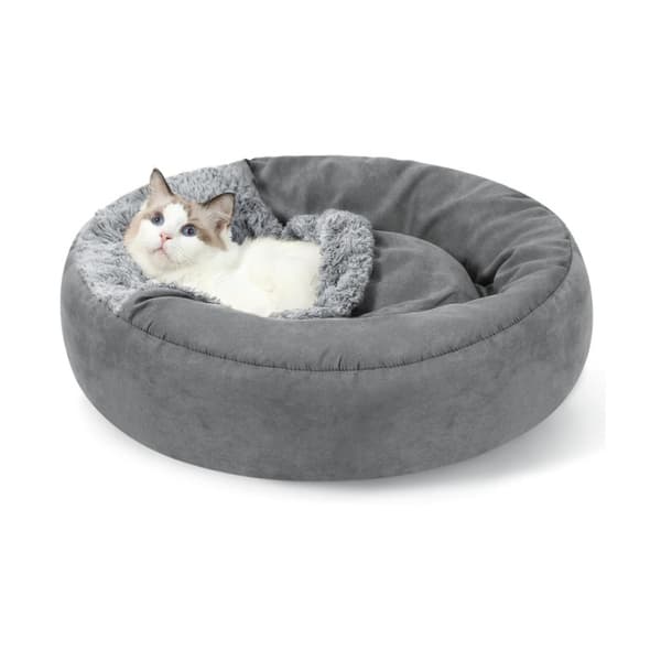 Hundeseng med hette Medium, Koselig munkformet hundeseng med teppe for hunder, Beroligende dyrehule for katter og valper (Medium, Grå)