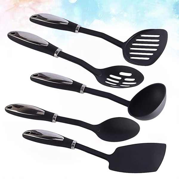 1 setti 5 kpl Nylon Keittiövälineet Tarttumattomat Ruokailuvälineet Ruostumattomasta Teräksestä Valmistettu Kahva Lasta Lusikkakauha Lusikka Black 33.5X9CM