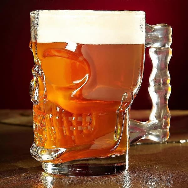 Skull Face Beer Mug, Drinking Glass with Handle, Set of 2, Fun Entertainment Glasses with Heavy Base for Water