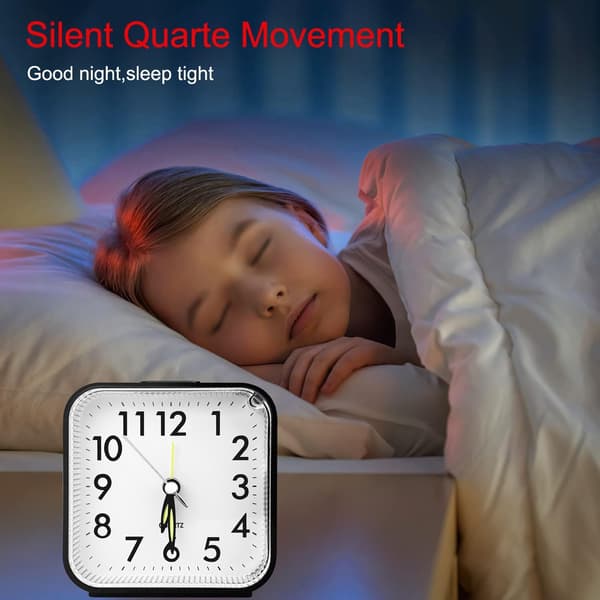 Silent Non-Ticking Alarm Clock with Light and Snooze Function and Top Button, AA Battery Operated (Batteries Not Included)