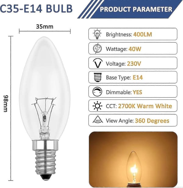 E14 40w Clear Candle Bulb, Dimmable Bulb, Warm White 2700k, 400lm, Flame Bulb, E14 Edison Screw Candle Bulbs, 6-pack