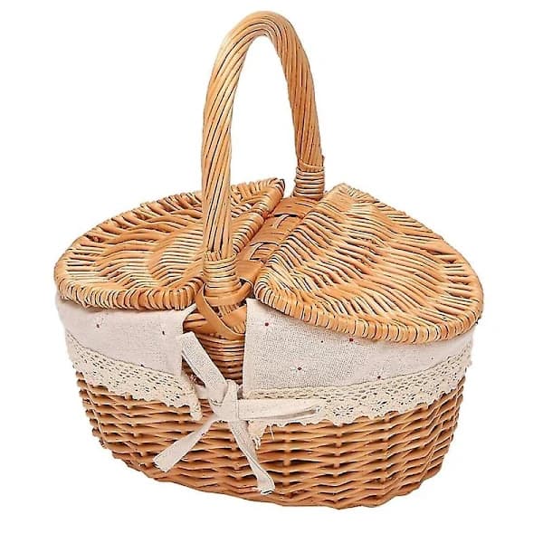 Handmade Wicker Basket with Handle, Wicker Camping Picnic Basket with Double Lids, Storage for Shopping