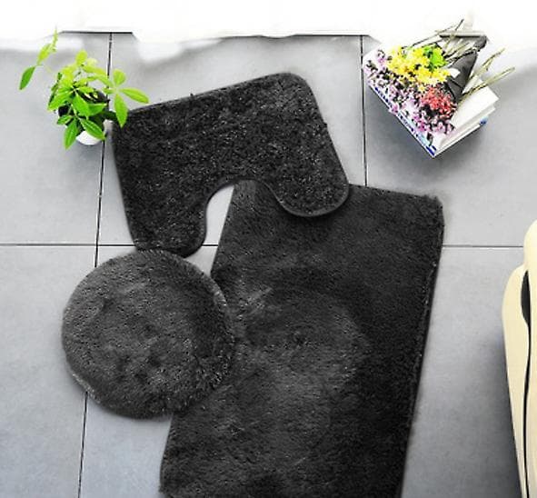 Fluffy sort badeværelsesmåttesæt - Absorberende og skridsikker toiletmåtte - 3 dele