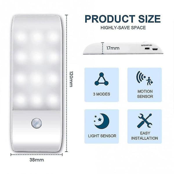 Trappe Væg Natlys Bevægelses PIR Sensor Lampe 12 LED