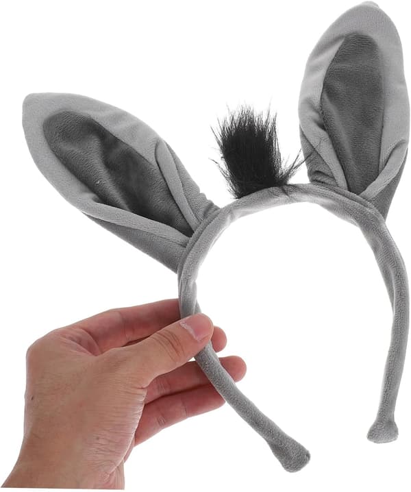 Donkey Animal Costume Set Soft Grey Donkey Ears Headband Tail Bow Tie Flexible Fit