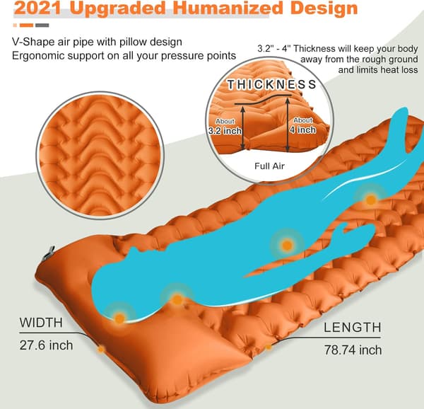 Camping Sleeping Pad, Ultralight Camping Mat with Built-in Foot Pump Inflatable Sleeping Pad - Orange