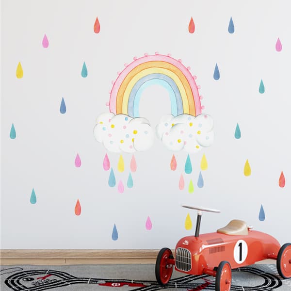 1 st färgglad regnbåge moln regn väggdekal, väggdekal för barn/barnrum, DIY regnbåge väggdekal för flickrumsinredning