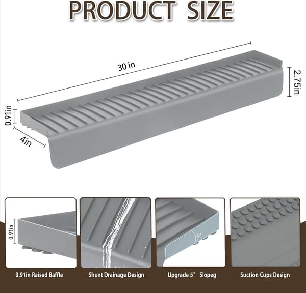 Silicone Sink Splash Guard 10x76 cm with Suction Cups – Grey Splash Protector for Kitchen, Bathroom, Granite and Quartz Countertops