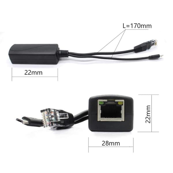 2-pakning Gigabit PoE-splitter, 48V til 5V 2.4A Micro USB Ethernet-adapter, fungerer med Raspberry Pi 3B+, IP-kamera og mer