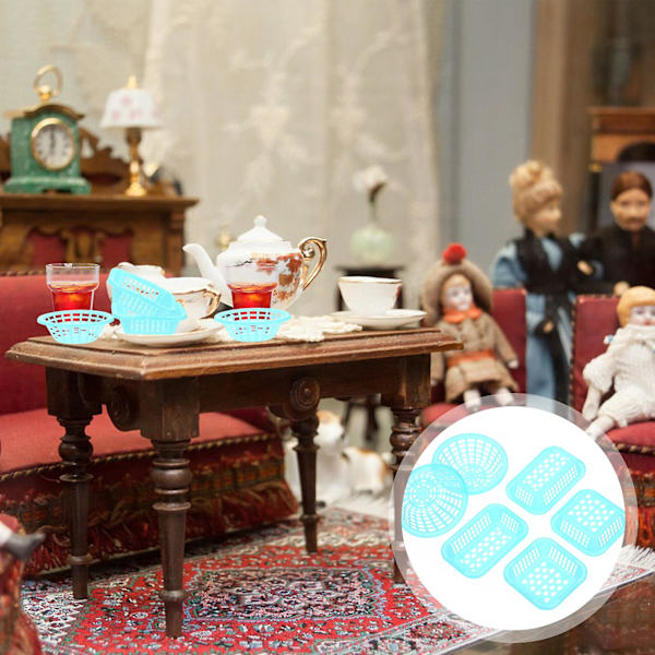 6 stk Fruktkurv Miniatyr Blomsterkurv Liten Kurv Flettet Oppbevaringsboks Miniatyr Ornament Rattan Blue 5.1x3.3cm