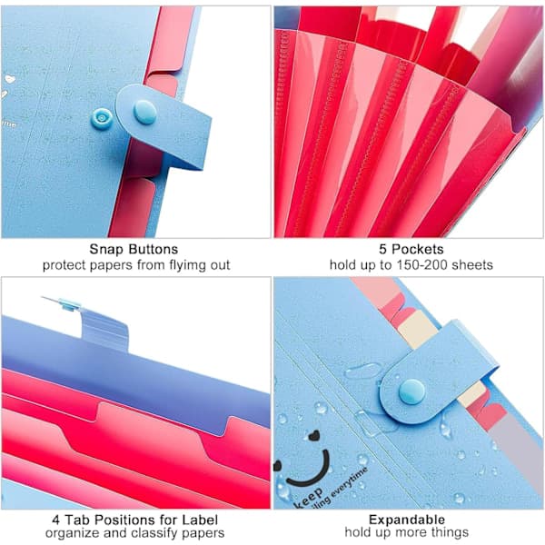 Expanding Folder, A4 Paper Pockets Accordion Document Bag Organizer Wallets Files Folders with Buckle for School Office, 5 Pockets Blue Blue
