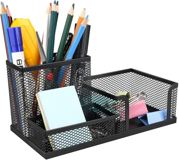 Black Mesh Desk Organizer, Desk Accessories with Pen Holder and 3 Compartment Desk Accessory Storage Baskets (3 in 1)