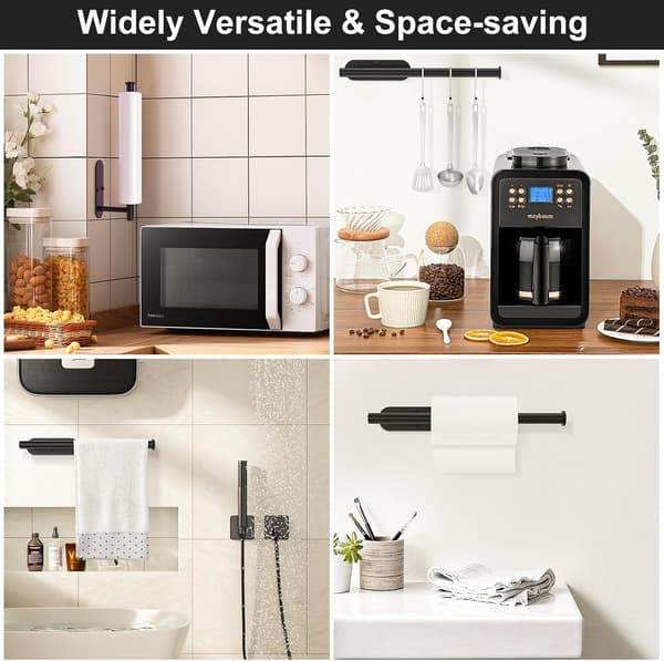 Wall-Mounted All-Purpose Drying Rack, Self-Adhesive Paper Towel Holder or Double-Drilled Hole for Kitchen or Bathroom Cabinet, Black