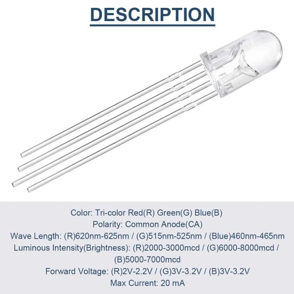 100-pack 5 mm Common Anode LEDs, DC 3 V, 20 mA, RGB Tri-color (Red/Green/Blue)