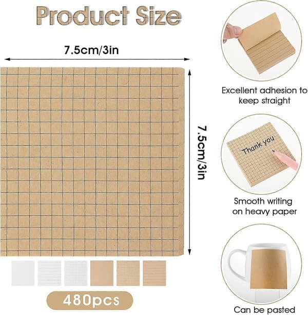 Kraft Sticky Notes - 6-pack 480 sheets 7.6x7.6cm self-adhesive lined memo pads in kraft paper