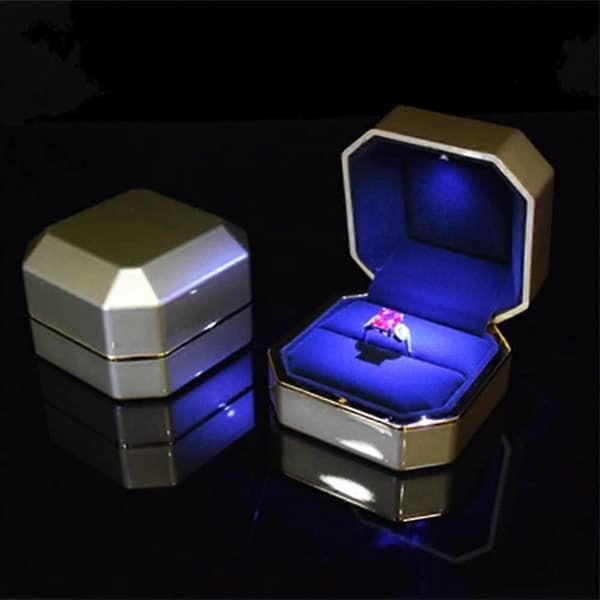 Luxury Ring Box, Velvet Ring Holder Jewelry Box Storage Gift Box with LED Light, Gold