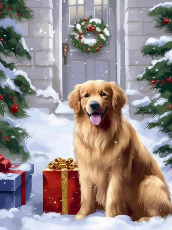 5D Diamantmaleri Hund, Jule Diamantbroderi, Diamantlærred