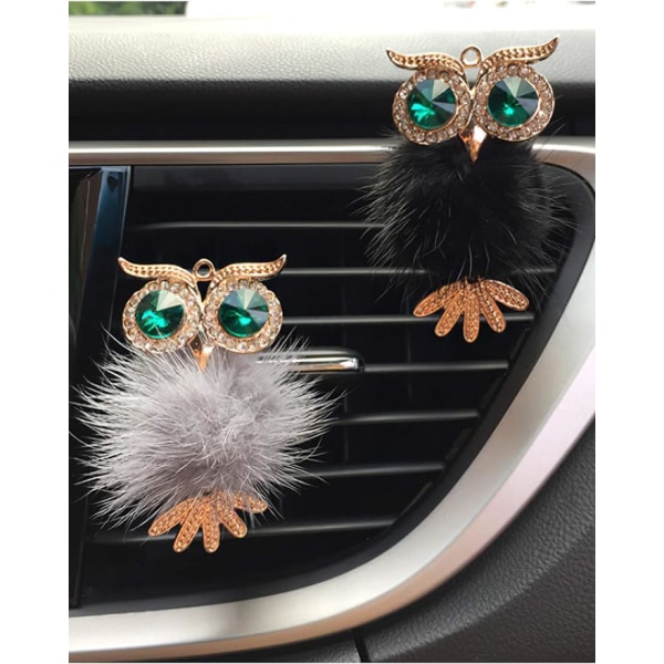 Car Diffuser Vent Clip, 2st Owl Cute Car Air Freshener, Bling Crystal Car Air Vent Clip Charms Bilfräschare för kvinnor (svart, grå)