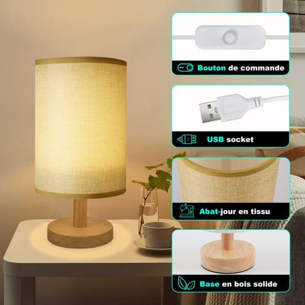 Bordslampa 24 cm – Lampskärm i linnetyg – Integrerad LED – 1,5 m kabel – För sovrum, vardagsrum, studentrum