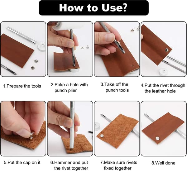 Leather Rivets 180 Pieces 3 Sizes Double Rivets Tubular Metal Stud Rivets, with 3 Pieces Fixing Tools and Hole Punch Pliers