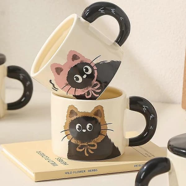 Söt kattkeramisk mugg med lock, resminne, examen, festpresent, affärspresent, par, kollega 360 ml