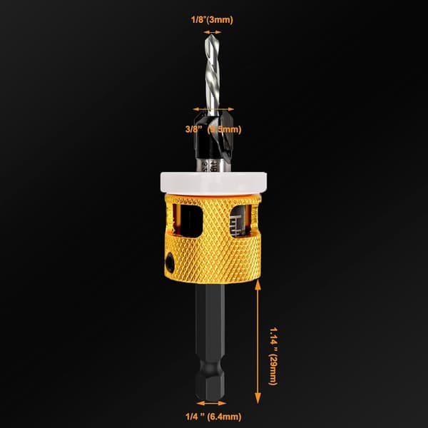 1/8 x 3/8 Countersink Drill Bit, Wood Milling Cutter with Depth Stop, Precise Drilling, 1/4\" Hex Shank, HSS, for Woodworking and Construction