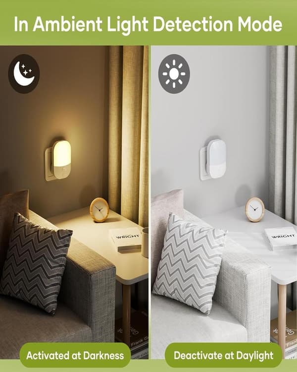 2-pack Night Light with Switch and Dusk Sensor, 3 Adjustable Brightness Levels, ON/OFF/AUTO Modes, 3000K Warm White LED Night Light