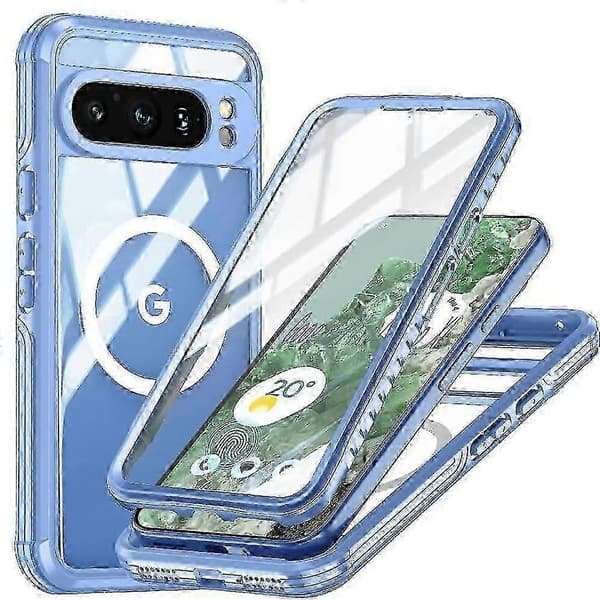 Magnetic Case for Google Pixel 9 Pro XL Glass Screen Protector 360 All Inclusive Military Drop and Crash Proof Compatible with MagSafe Blue Blå