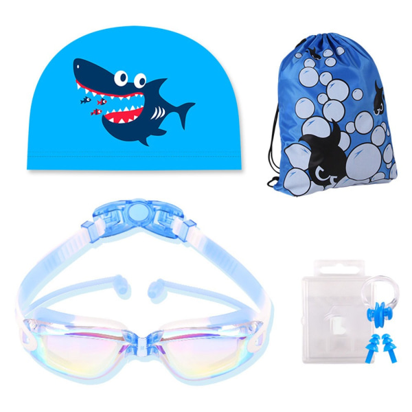 4-delt sæt (blå og hvid) svømmebriller, anti-dug spejl anti-UV svømmebriller, gratis silikone hat + næseklemme + propper