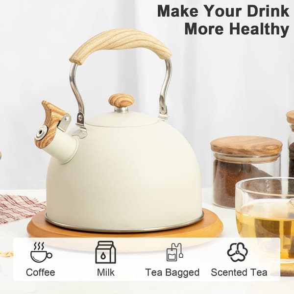 2,6 Quart/2,5 Liter Whistling Tea Kettle, Adjustable Wood Grain Nylon Handle, Capsule Bottom, White.