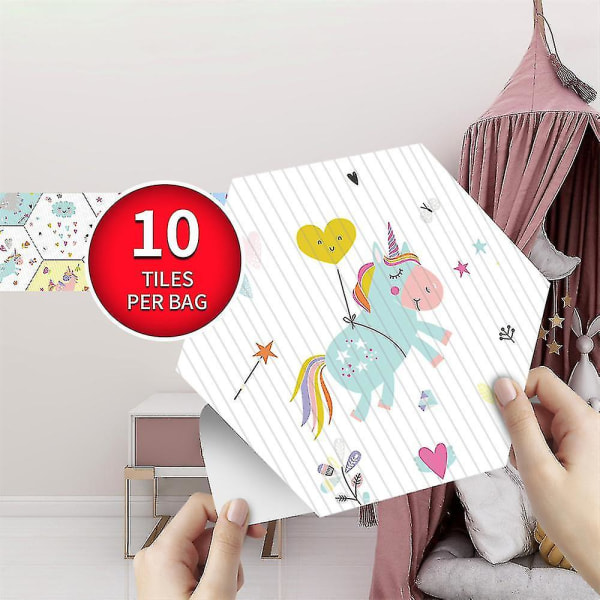 10 stk Selvklebende Tegneserie Unicorn Fliser Vegg Dekal Barn Soverom Sekskant Gulv Klistremerke