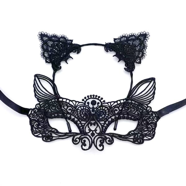 2#(Svart) Kvinnors Halloween Spets Halvmask med Kattöron Hårband C