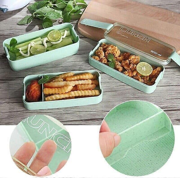 3-layer lunch box with compartments, spoon and fork, stackable container 900 ml, food storage box (Green)