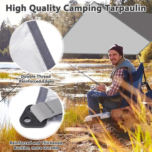 This 3x3 meter waterproof camping tarp is UV protected. It includes 6 tent pegs and 6 ropes. grey grey