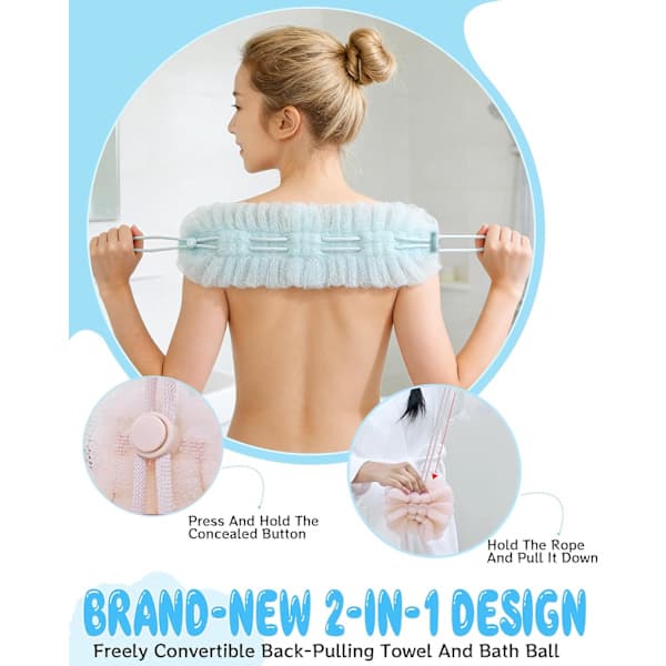 Exfoliating Body Scrubber, Drawstring Beach Ball 2-in-1, Back Scrubber for Shower Bath, Drawstring Back Strap Bath Loofah for Men and Women [Ho]