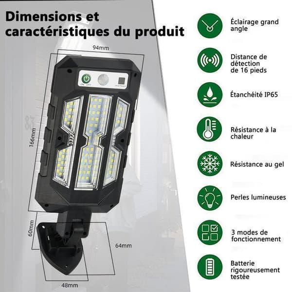 Utendørs solcellelampe, med bevegelsessensor, med fjernkontroll, 3 lysmoduser, IP65 vanntett, for hage, gate, svart