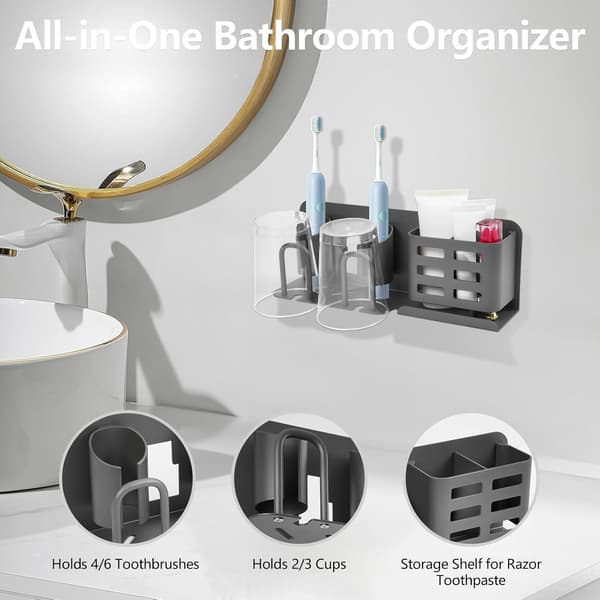 Electric Toothbrush Holder, Wall Mounted, Aluminum Bathroom Organizer No Drilling - Holds 4 Toothbrushes and Toothpaste (2 Compartments)