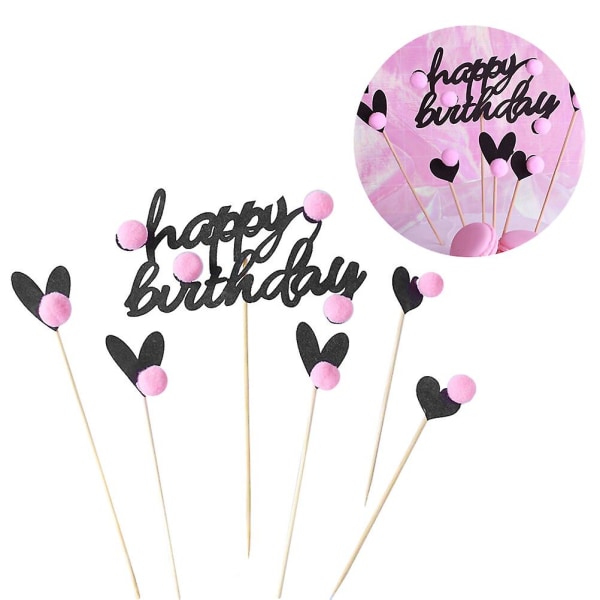 6 stk Cupcake Topper Dekorative Papirdekorasjon Trepinne Kakepinner Med Rosa Fluffy Pompom Og Happy BirthdayBlack Black