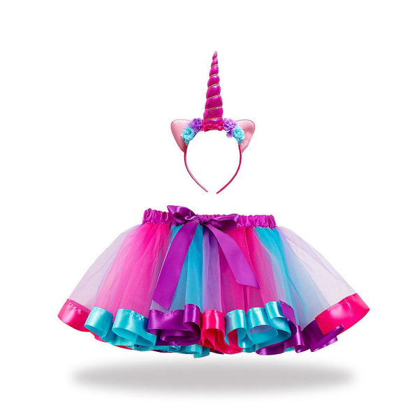 Flickkjol Regnbågslager i tyll Tutu-kjol med enhörningspannband FesttillbehörsuppsättningMjup lila deep purple M