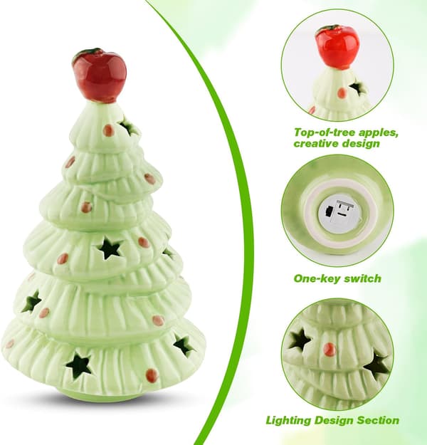 Ceramic Christmas Tree Night Light Set (2-pack) - 16.5 cm Glowing Table Decoration with Apple Ornaments, Christmas Gift