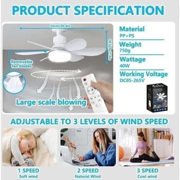 Ceiling fan with light and remote control, LED ceiling fan, integrated 40W E27 lamp, 6 blades, 3 fan speeds